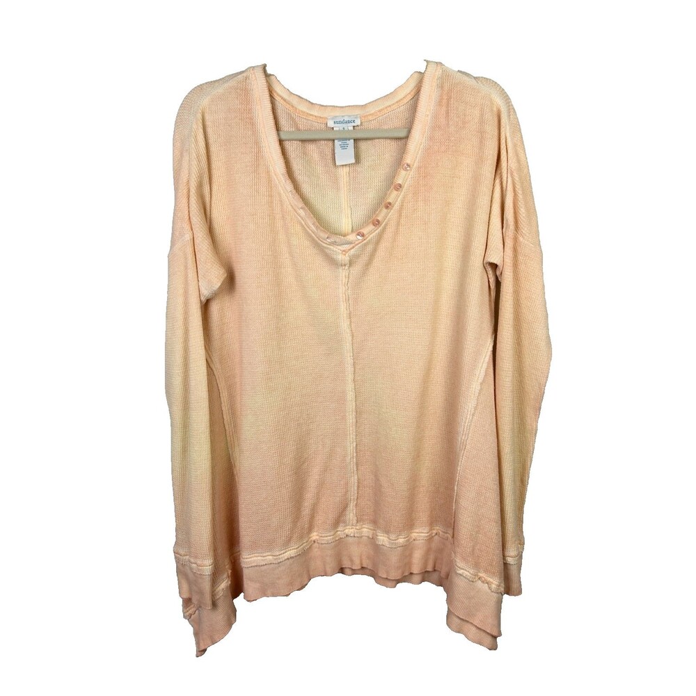 Sundance Waffle Knit Top Button Trim Neckline 100% Cotton Tunic Blouse Peach S